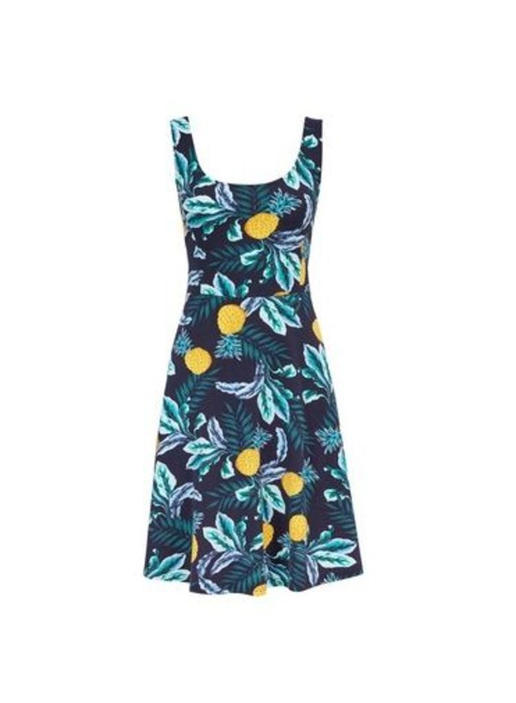 Womens Multi Colour Pineapple Seam Fit And Flare Camisole Dress- Blue, Blue