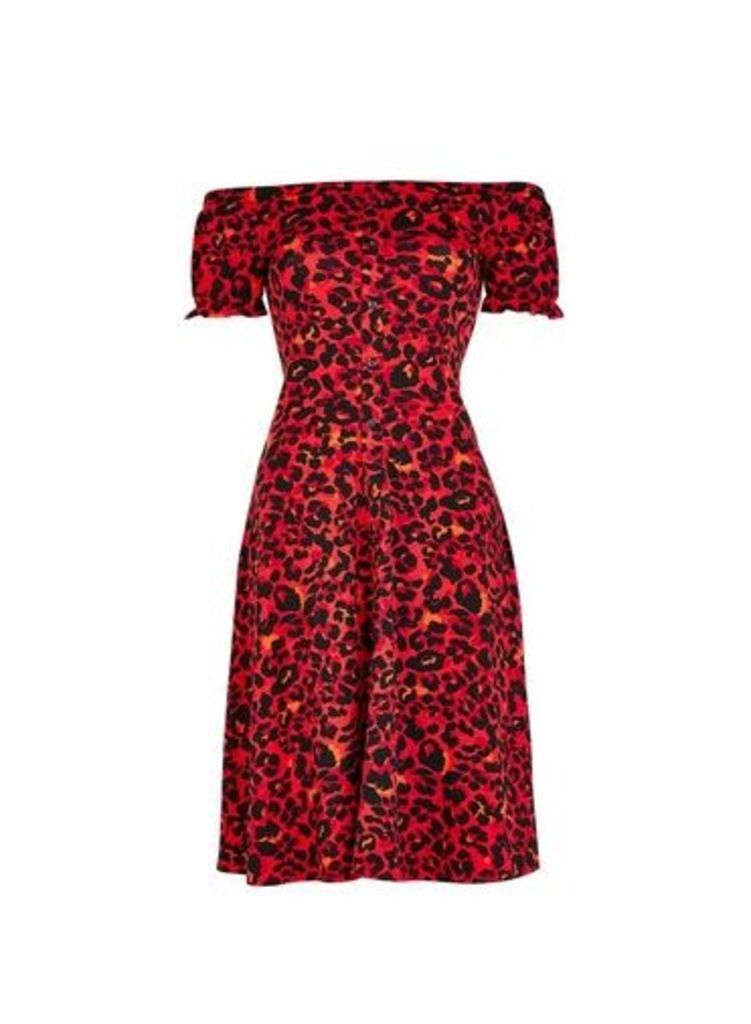 Womens **Tall Red Cheetah Print Fit And Flare Dress- Red, Red