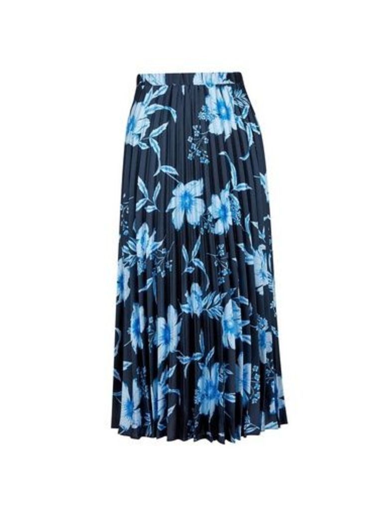 Womens Navy Floral Print Midi Skirt- Blue, Blue