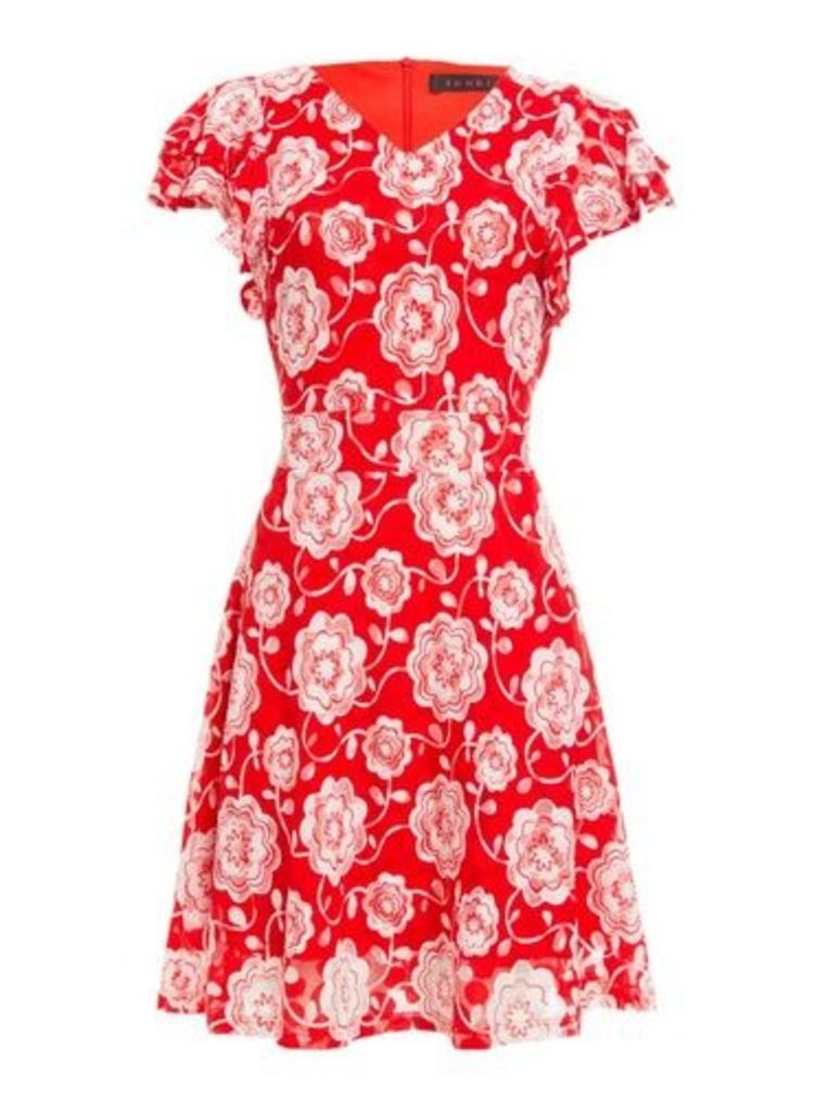 Womens *Tenki Red Floral Print Lace Dress, Red