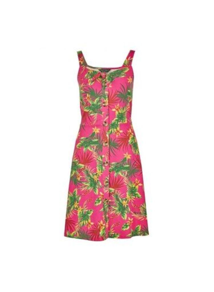 Womens Pink Tropical Print Button Camisole Dress- Pink, Pink