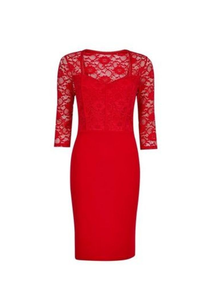Womens **Red Lace Top Bodycon Dress- Red, Red