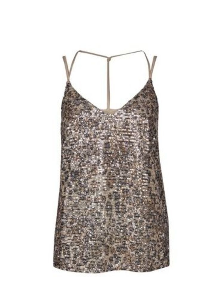 Womens Gold Leopard Sequin Knotback Camisole Top, Gold