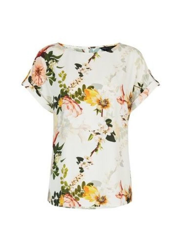 Womens Ivory Floral Print Button T-Shirt- Ivory, Ivory