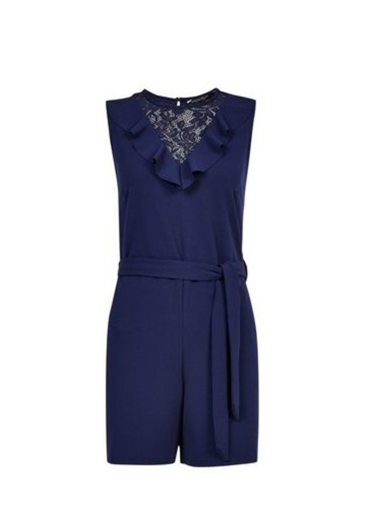 Womens Navy Lace Insert Frill Playsuit - Blue, Blue