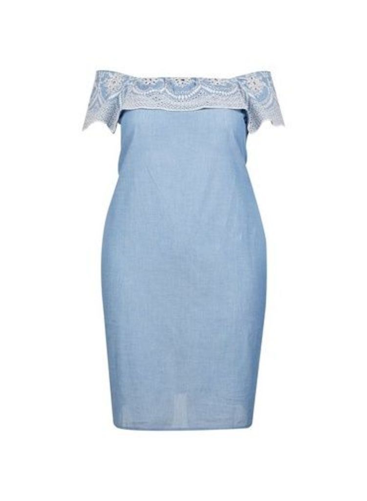 Womens **Dp Curve Chambray Broderie Cotton Dress- Blue, Blue