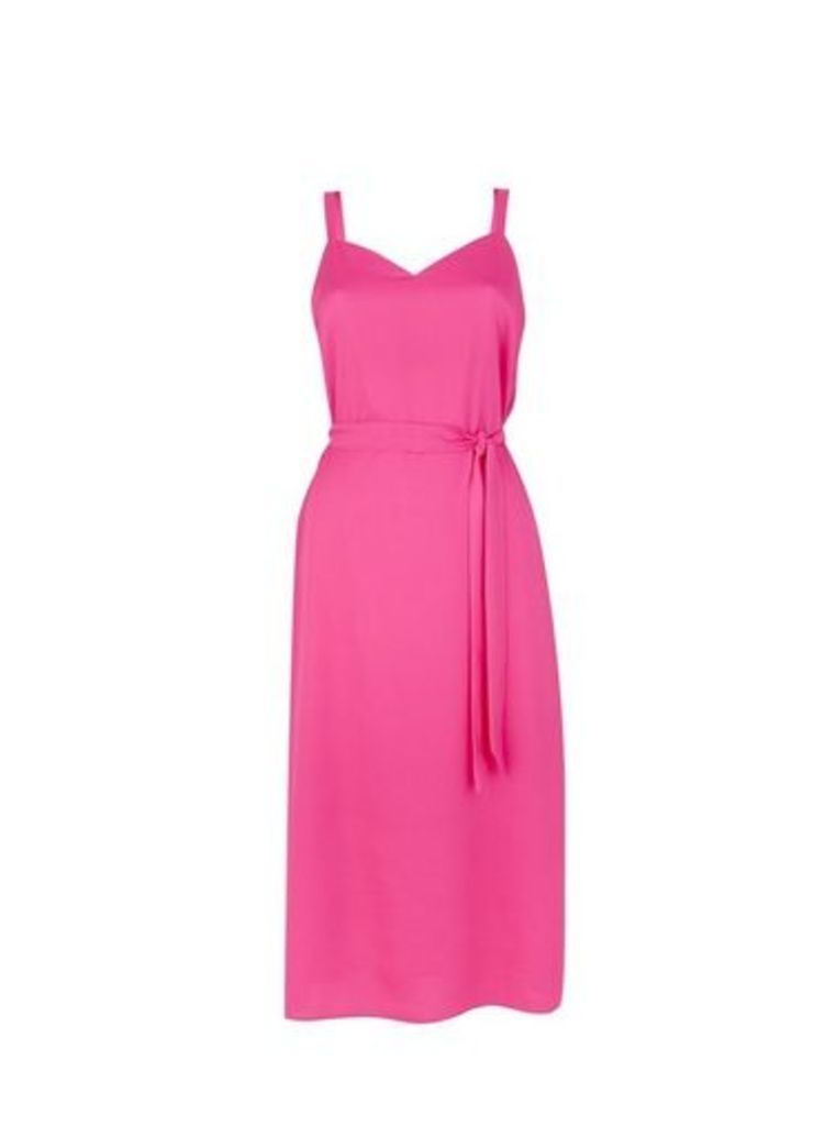 Womens Pink Tie Waist Midi Slip Dress, Pink