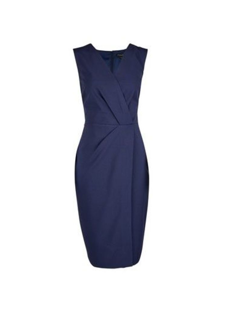 Womens Navy Sleeveless Wrap Dress- Blue, Blue