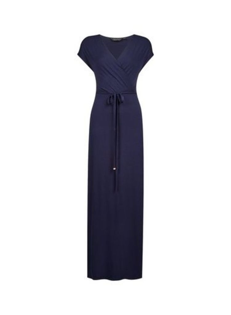 Womens Blue Wrap Belted Jersey Maxi Dress- Blue, Blue
