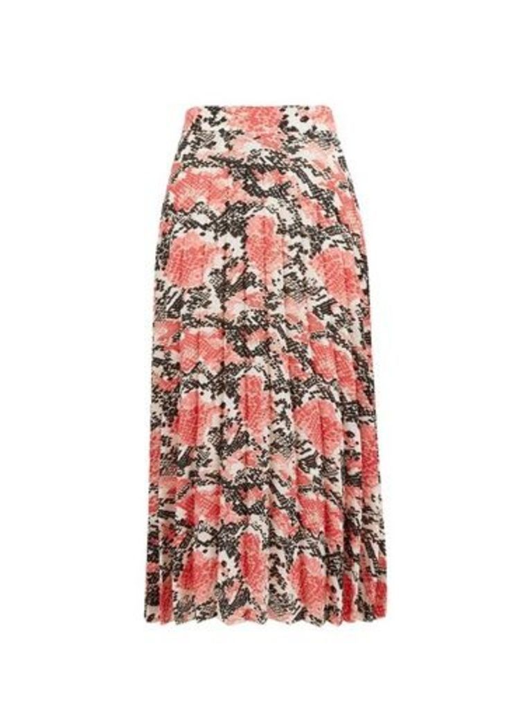 Womens Coral Animal Print Pleated Midi Skirt- Multi Colour, Multi Colour
