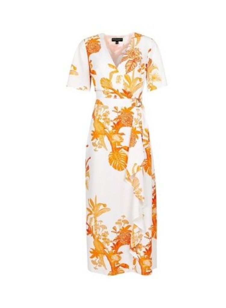 Womens Cream And Coral Parrot Print D-Ring Wrap Midi Dress - White, White