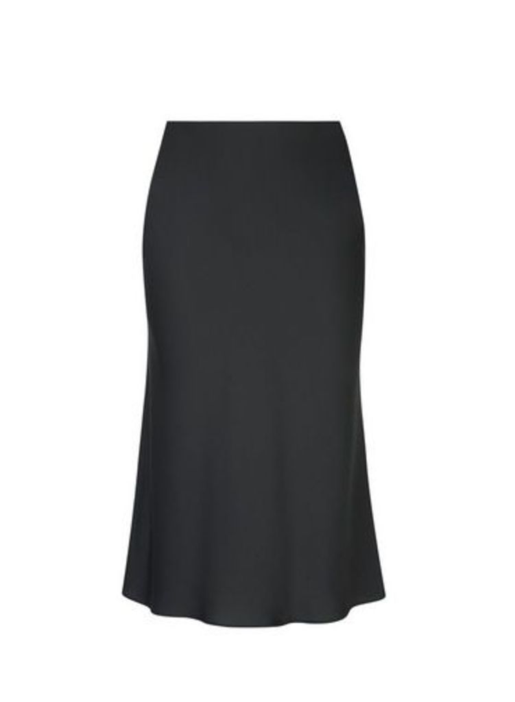 Womens Petite Black Satin Bias Cut Midi Skirt- Black, Black