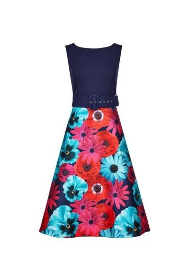 Womens **Luxe Multi Colour Floral Print Belted Midi Dress- Blue, Blue