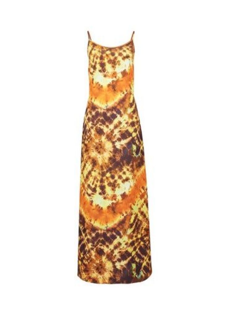 Womens Tie Dye Strappy Slip Dress- Brown, Brown