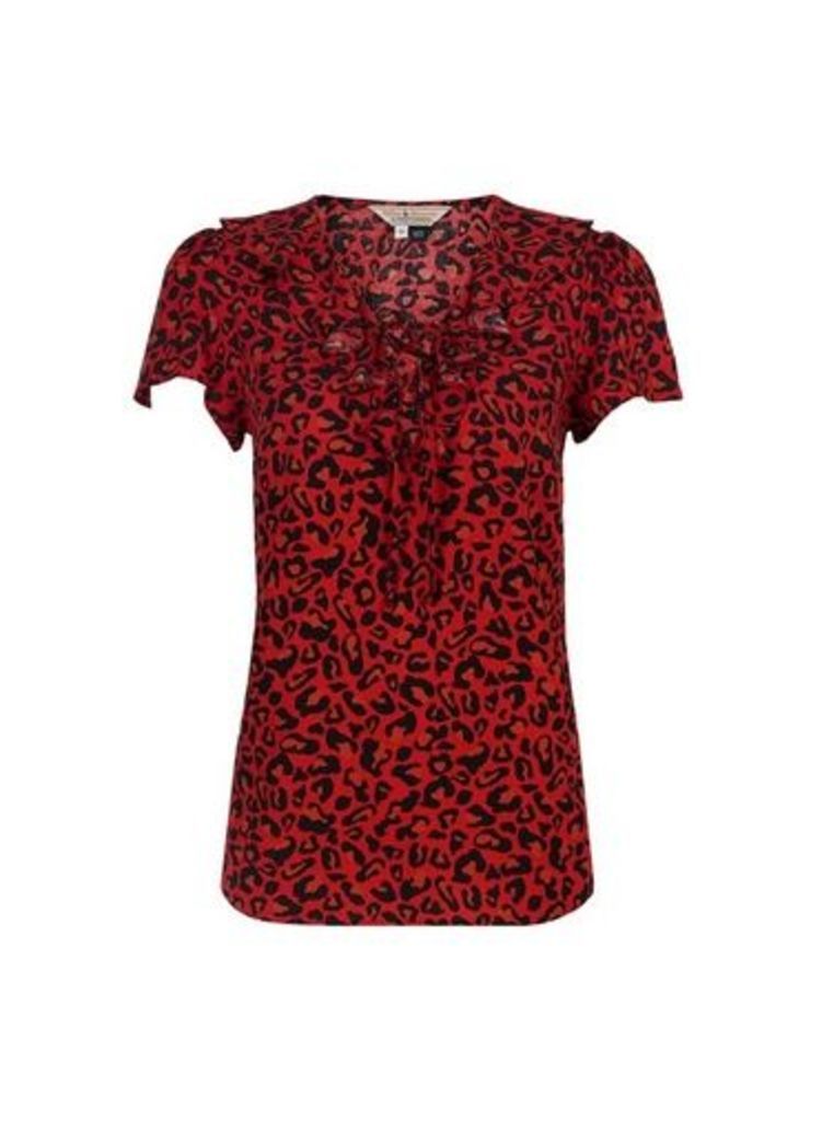 Womens **Billie & Blossom Red Leopard Ruffle Front Top- Red, Red