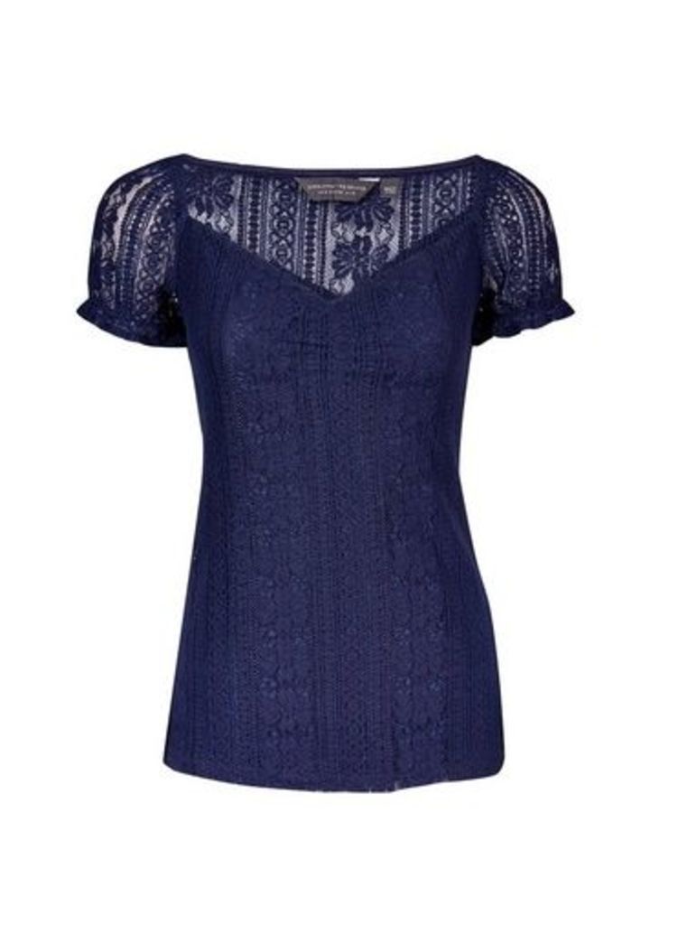 Womens Tall Navy Lace Milkmaid Top - Blue, Blue