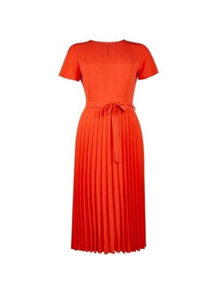 Womens Orange Pleated Midi Skirt Dress- Orange, Orange