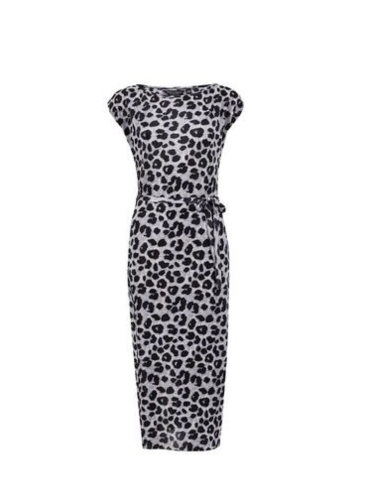 Womens **Grey Leopard Print Plisse Midi Dress- Animal, Animal