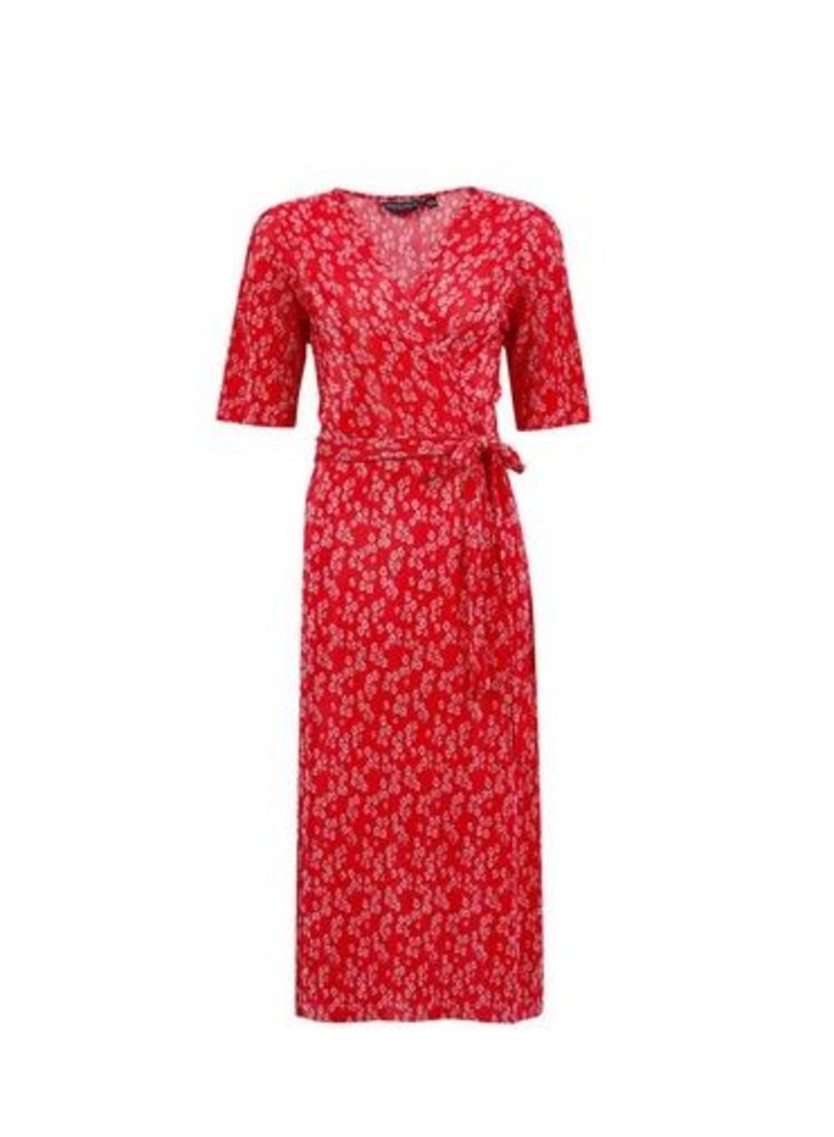 Womens **Red Ditsy Print Plisse Midi Dress, Red