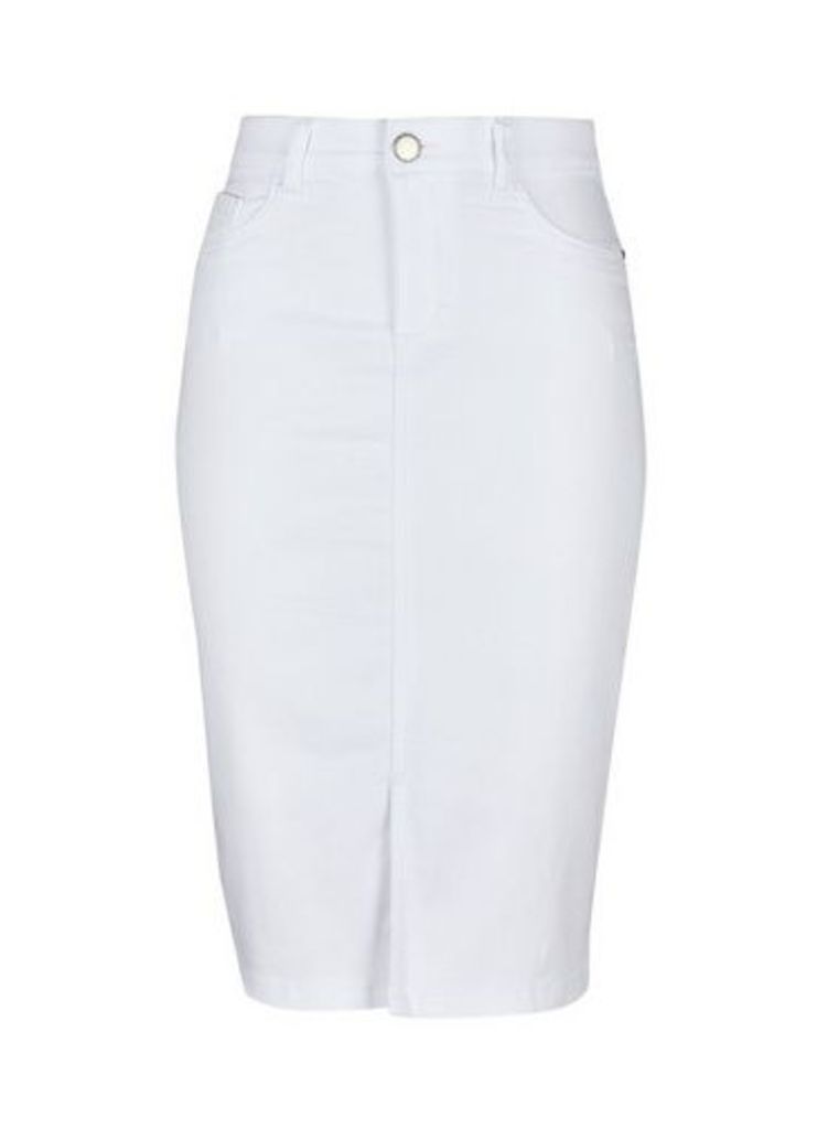 Womens White Denim Midi Skirt- White, White