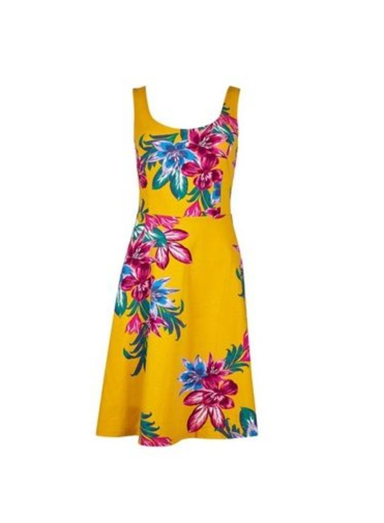 Womens Yellow Floral Print Seam Fit And Flare Dress, Yellow