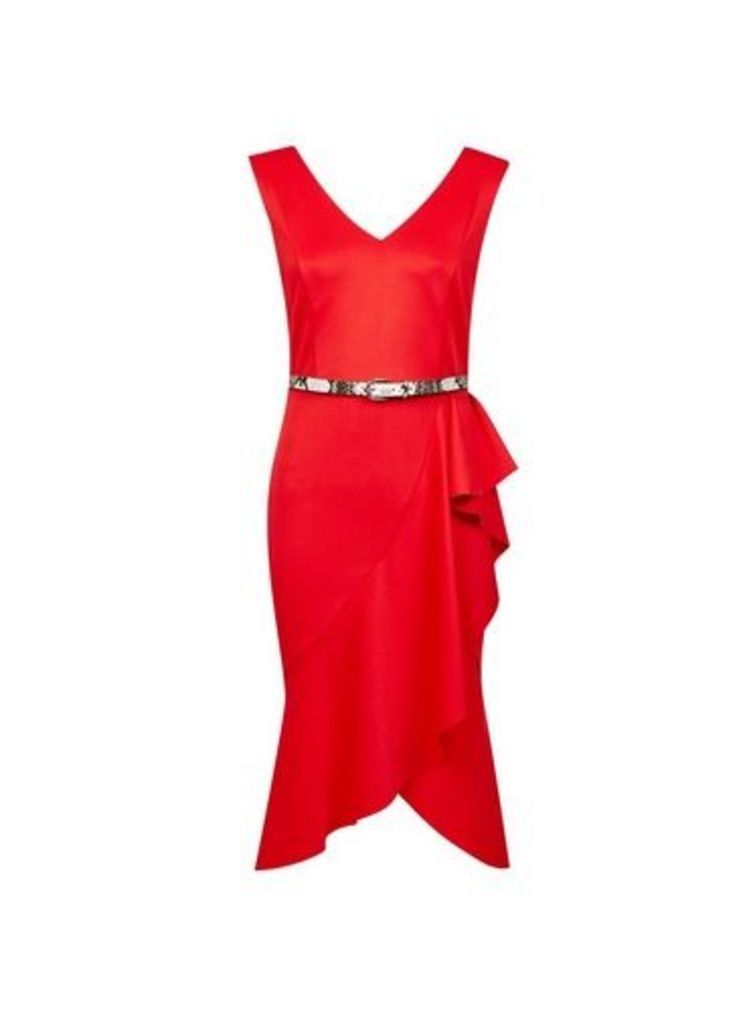 Womens **Luxe Red Frill Bodycon Dress- Red, Red