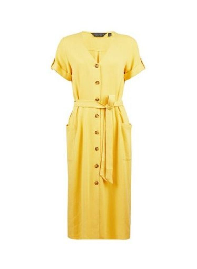 Womens Yellow Shirt Dress With Linen- Yellow, Yellow