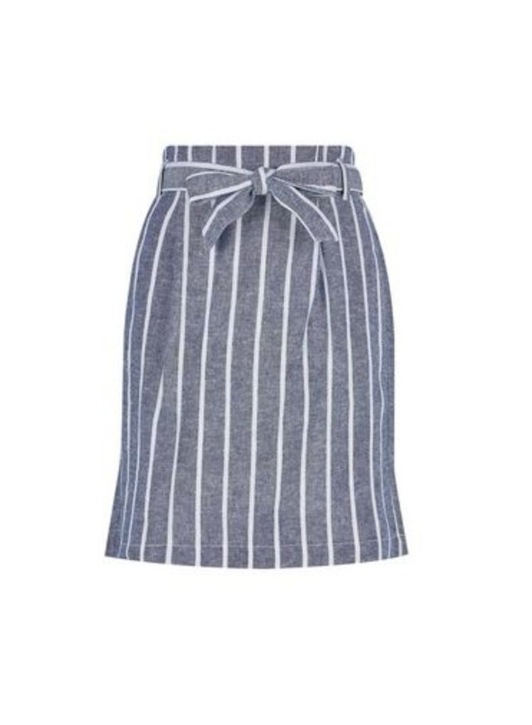 Womens Blue Stripe Print Linen Blend Skirt, Blue