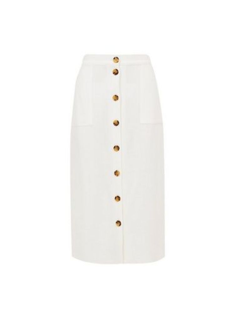 Womens White Linen Mix Midi Skirt, White