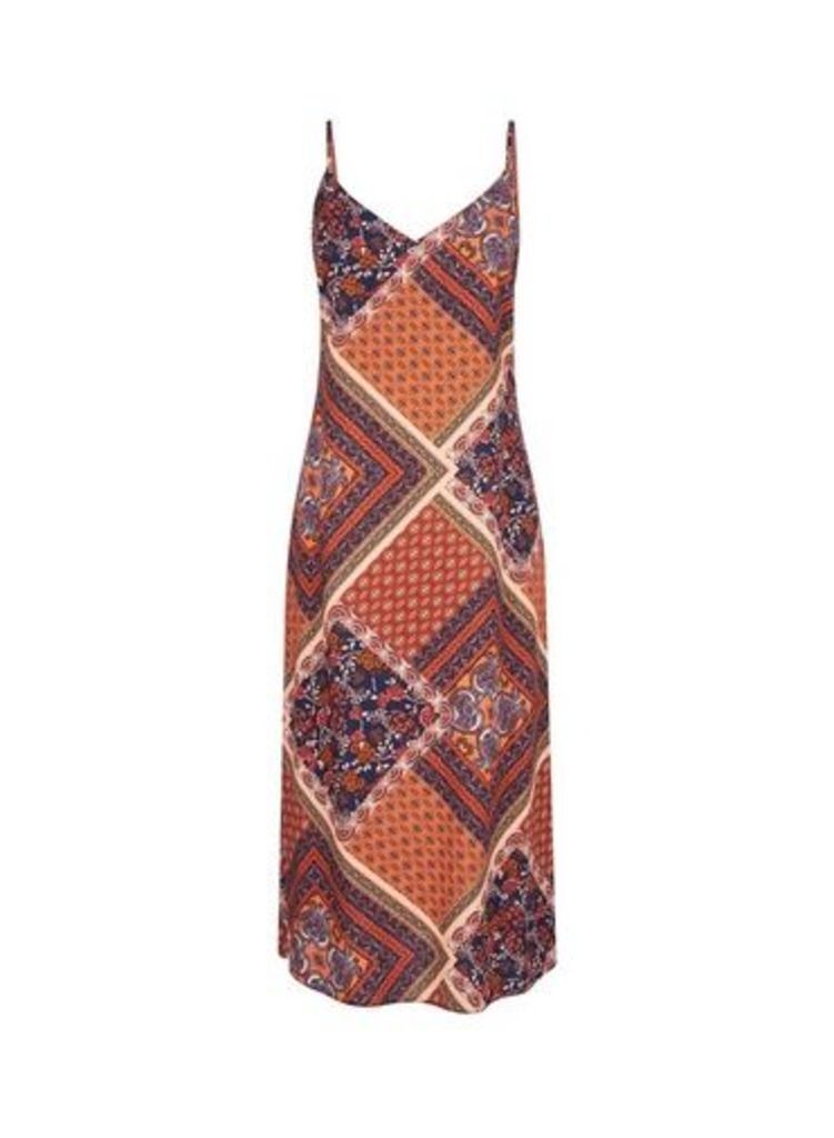 Womens Multi Coloured Scarf Print Slip Dress- Orange, Orange