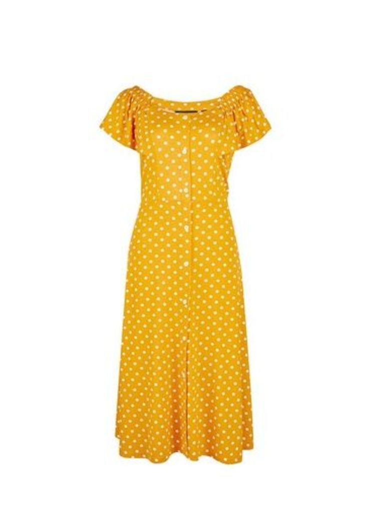 Womens Yellow Spot Print Bardot Midi Dress, Yellow