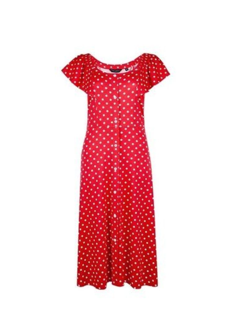 Womens Red Spot Print Bardot Midi Dress- Red, Red
