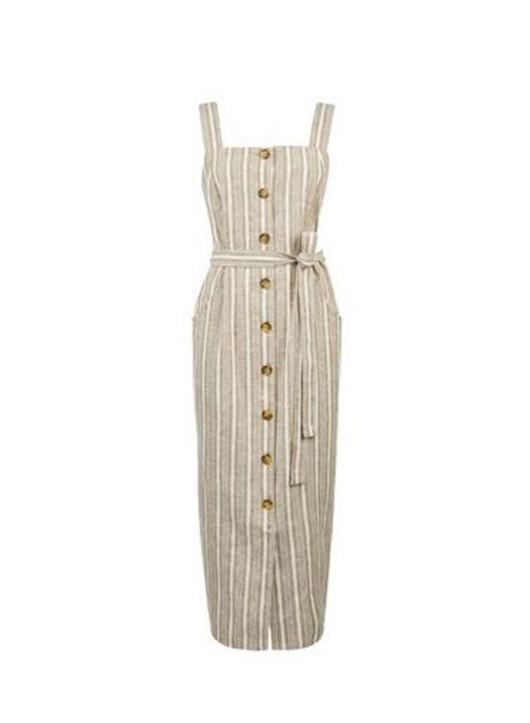 Womens Stone Stripe Print Button Midi Dress With Linen - Cream, Cream