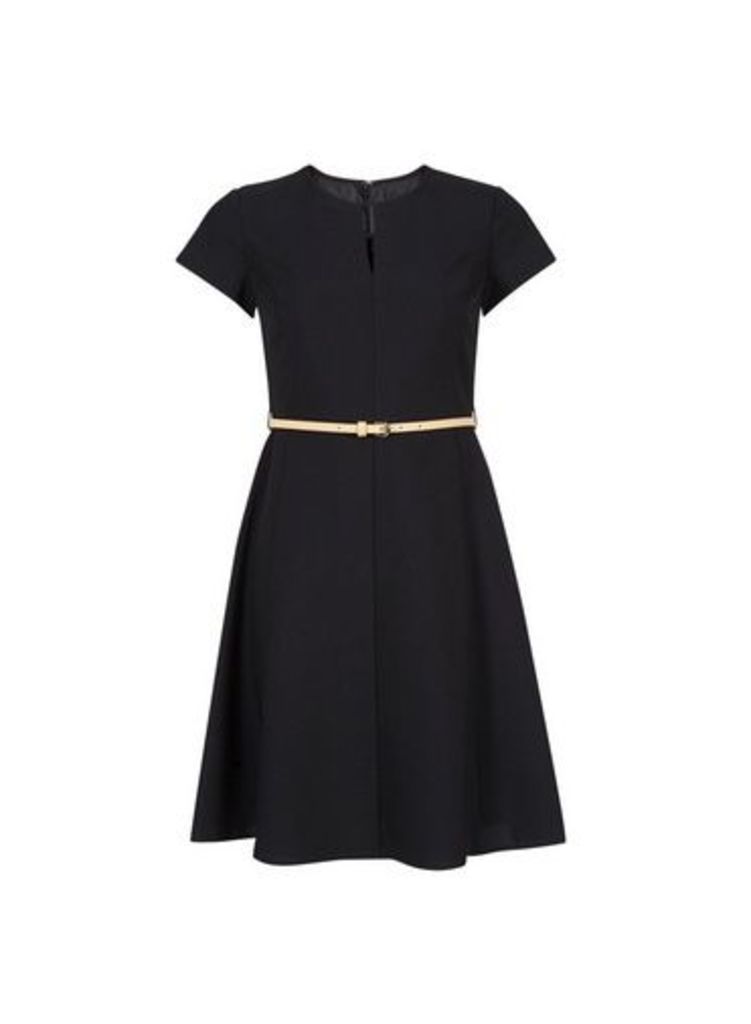 Womens Petite Black Belted Fit And Flare Dress- Black, Black