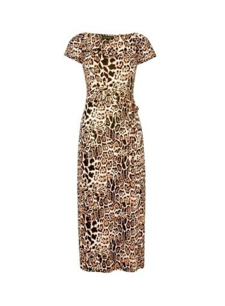 Womens Multi Coloured Leopard Print Ruched Sleeve Midi Dress- Brown, Brown