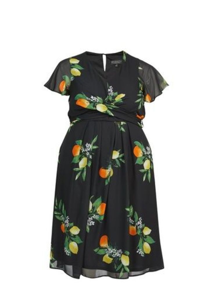 Womens **Billie & Blossom Curve Black Lemon Print Skater Dress, Black