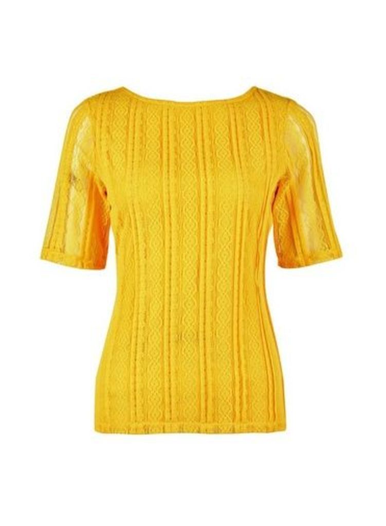 Womens Yellow Scoop Back Lace T-Shirt- Yellow, Yellow