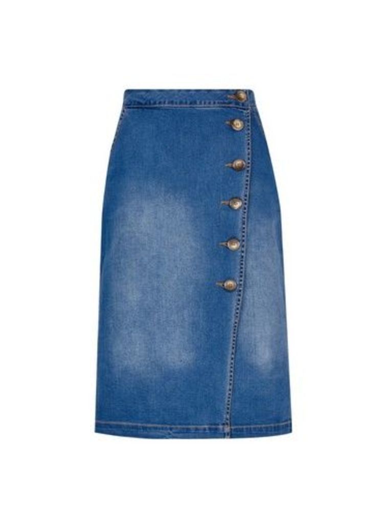 Womens Blue Denim Midi Skirt- Blue, Blue