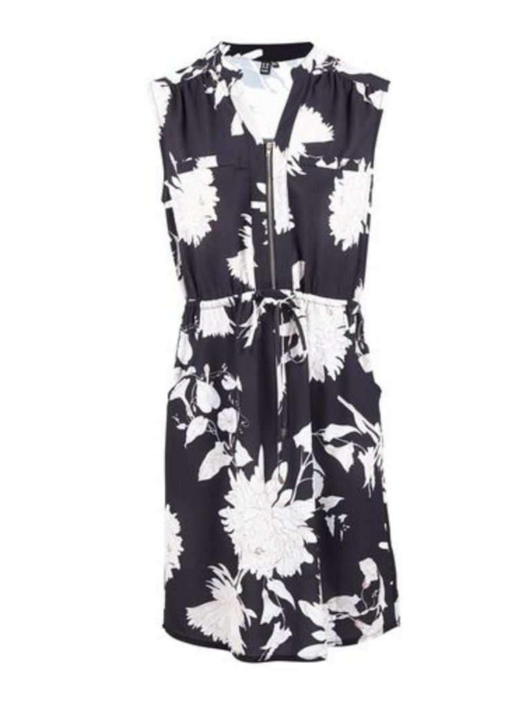 Womens *Izabel London Black Floral Print Zip Front Tea Dress- Multi Colour, Multi Colour