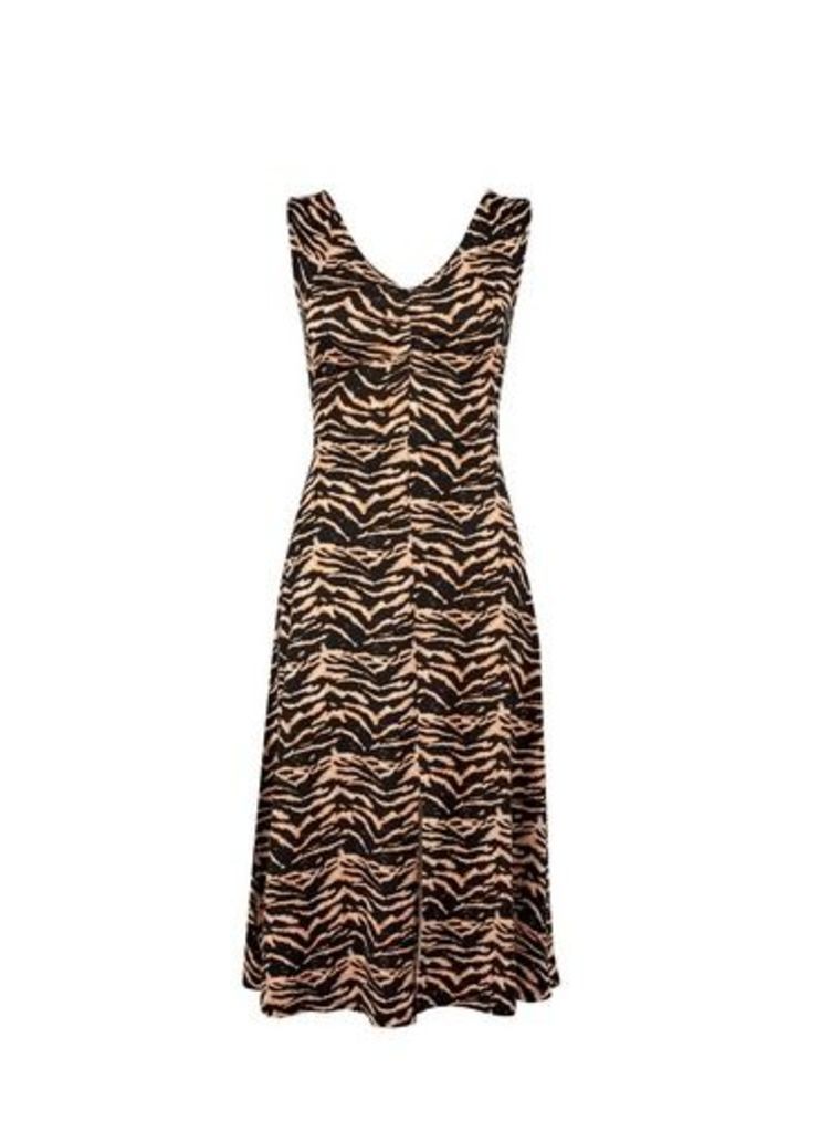 Womens Petite Brown Zebra Print Split Midi Dress- Brown, Brown