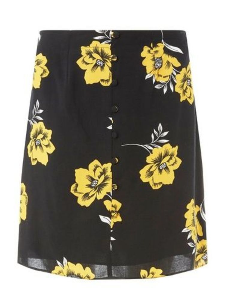 Womens Black Floral Print Button Flippy Skirt- Black, Black