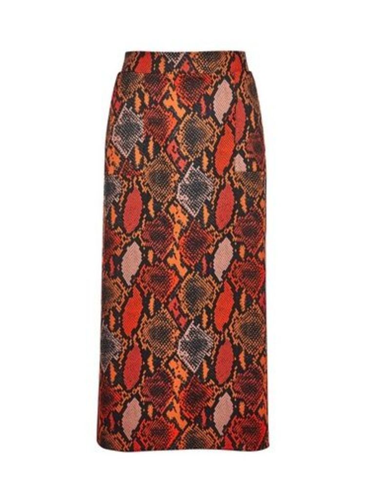 Womens **Tall Orange Snake Print Midi Skirt, Orange