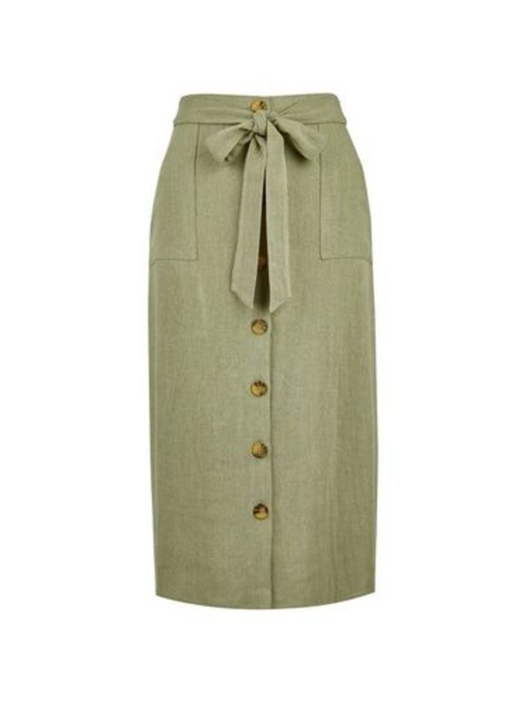 Womens Khaki Linen Mix Midi Skirt, Khaki