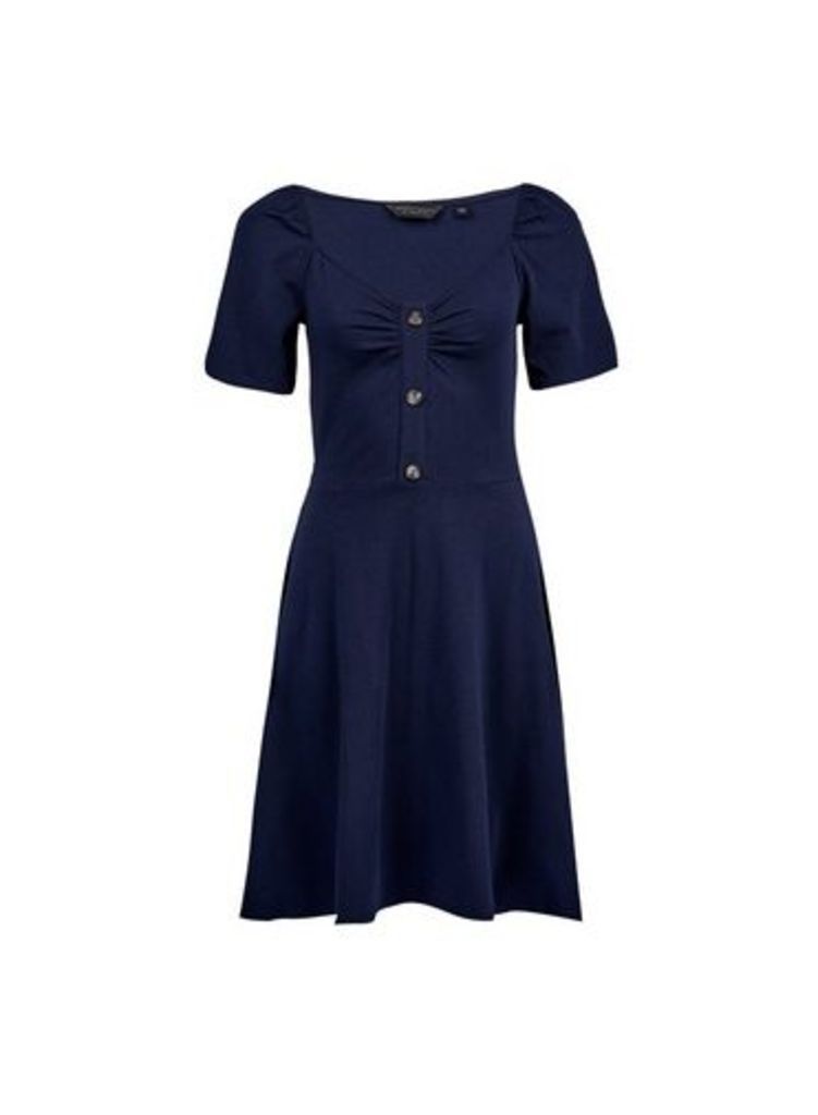 Womens Navy Sweetheart Button Detail Fit And Flare Dress- Blue, Blue