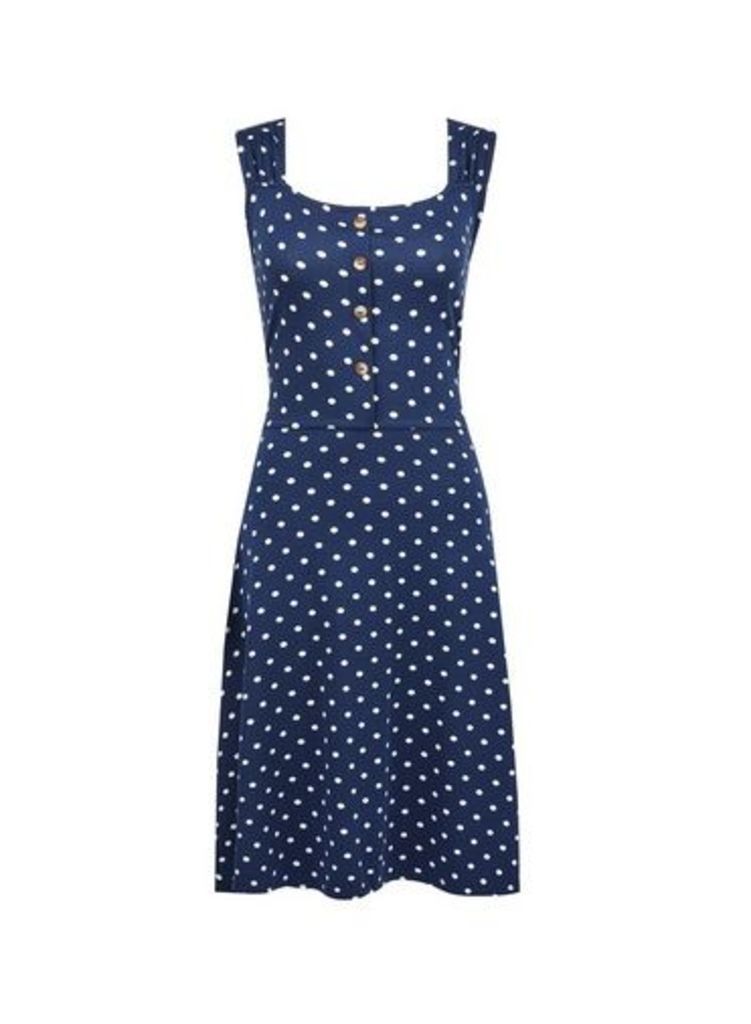 Womens **Tall Spot Print Button Dress- Blue, Blue