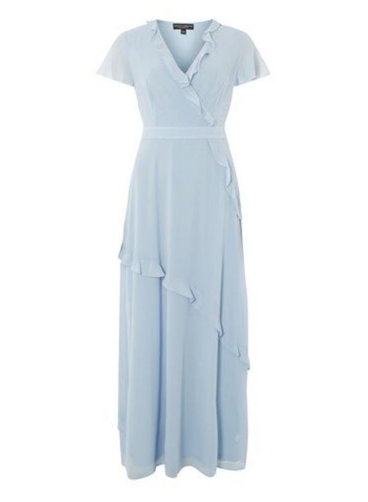 Womens Blue Plain Chiffon Ruffle Maxi Dress- Blue, Blue