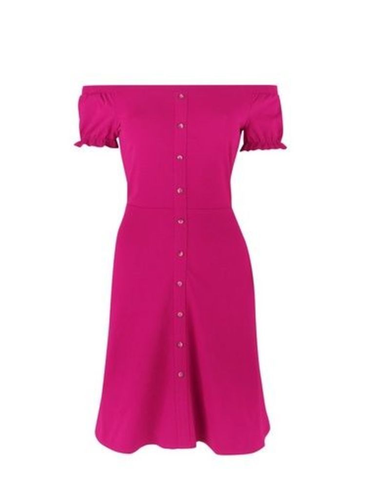 Womens Pink Button Bardot Fit And Flare Dress- Pink, Pink