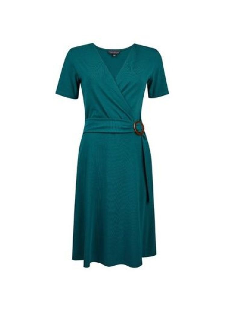 Womens Green Horn Effect Buckle Fit And Flare Dress- Green, Green