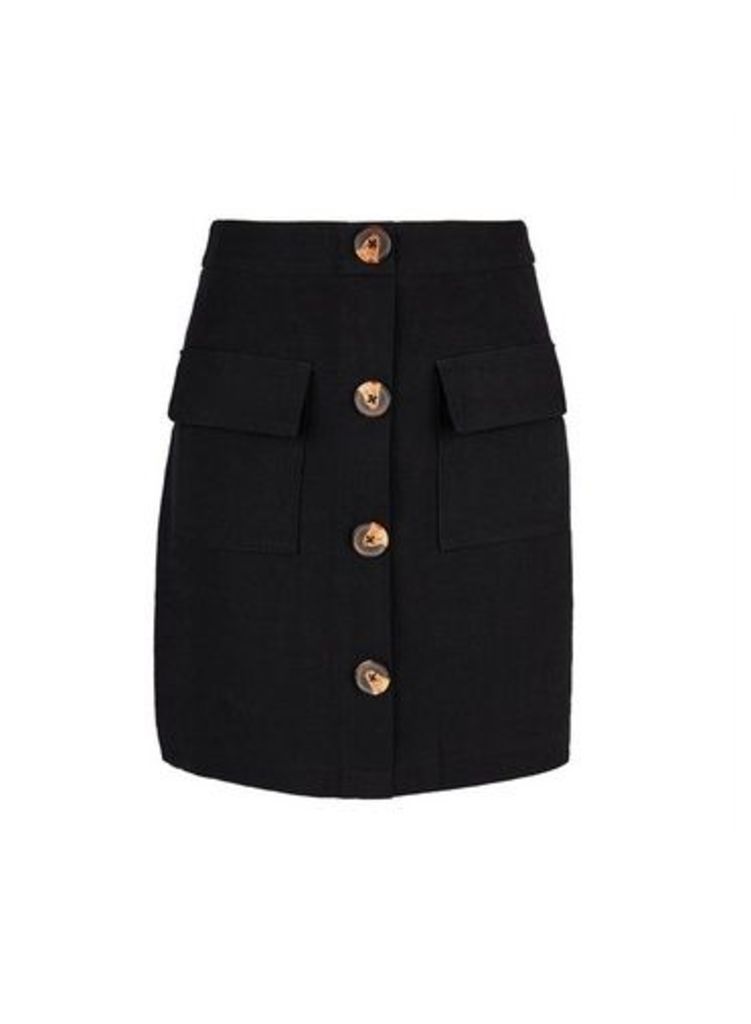 Womens Black Cargo Pocket Skirt With Linen- Black, Black