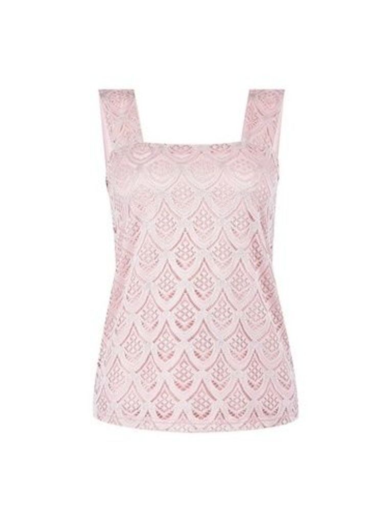 Womens Petite Blush Lace Square Neck Top- Pink, Pink